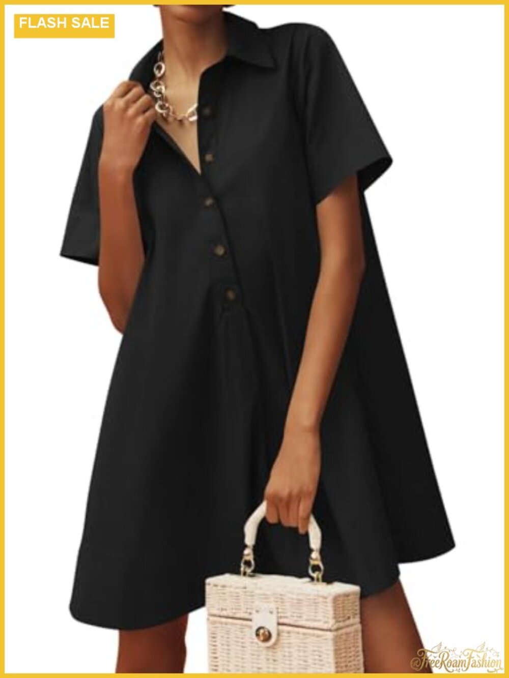 Oversized Cotton Mini Dress Short Sleeve Button Front V-Neck Summer Vacation